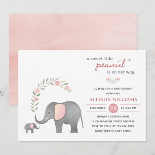 Invitation Baby shower floral rose éléphant moderne fille