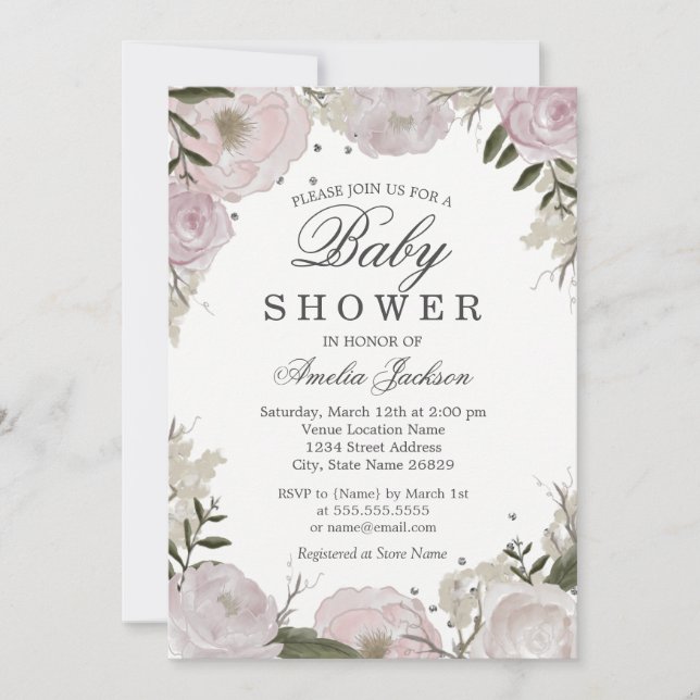 Invitation Baby shower floral rose en argent (Devant)