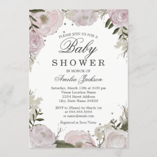 Invitation Baby shower floral rose en argent