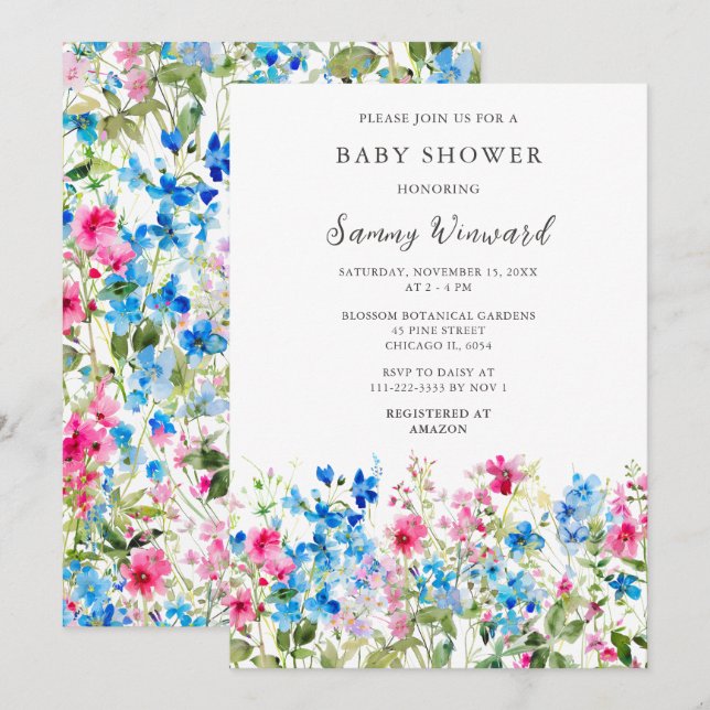 Invitation Baby shower floral rose et bleu fleur sauvage (Devant / Derrière)