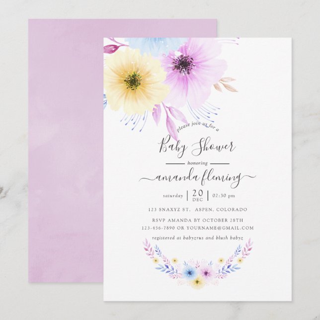 Invitation Baby shower floral rose et bleu Pastel (Devant / Derrière)