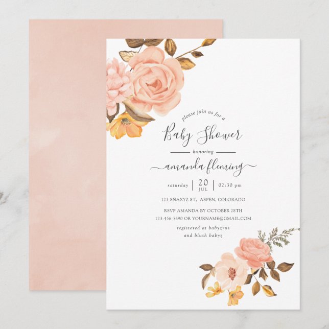 Invitation Baby shower floral rose et or (Devant / Derrière)