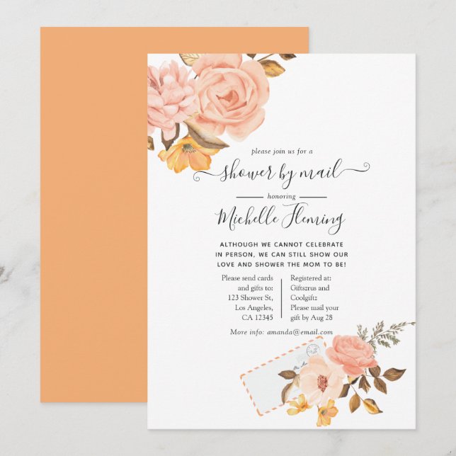 Invitation Baby shower floral rose et or par courrier (Devant / Derrière)