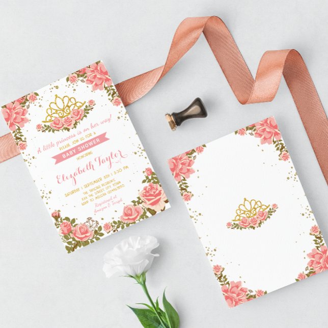 Invitation Baby shower floral rose et or princesse couronne (Créateur téléchargé)