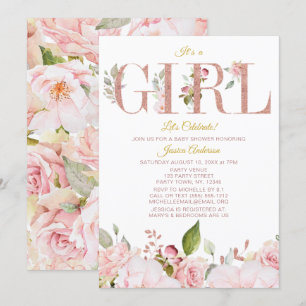 Invitation Baby shower floral rose et Rose or