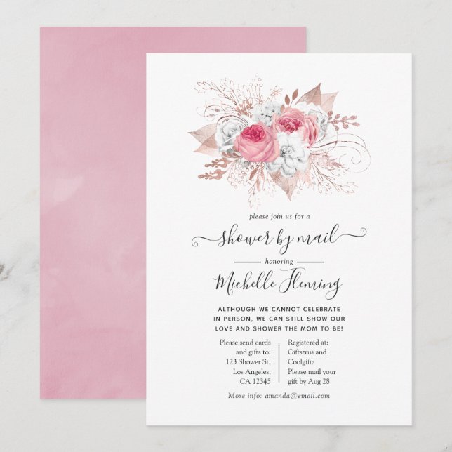 Invitation Baby shower Floral rose et Rose or par courrier (Devant / Derrière)