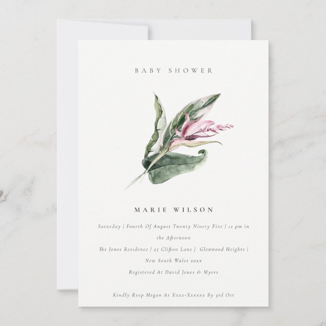 Invitation Baby shower floral rose feuillu tropical minimal (Devant)