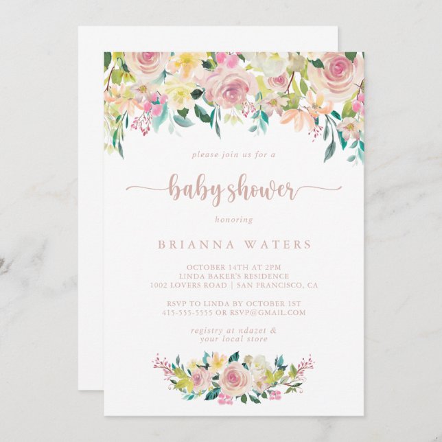 Invitation Baby shower Floral rose Gold Spring (Devant / Derrière)