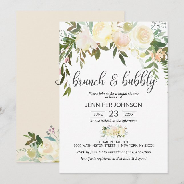 Invitation Baby Shower Floral Rose Ivory et Champagne pour un (Devant / Derrière)