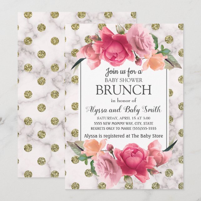Invitation Baby shower Floral rose marbre blanc or Brunch (Devant / Derrière)
