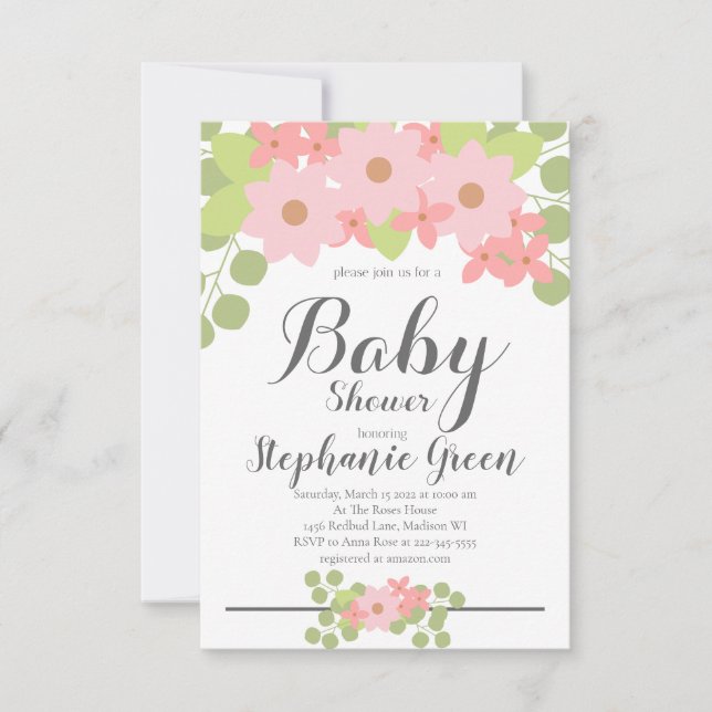 Invitation Baby shower Floral Rose mignon (Devant)