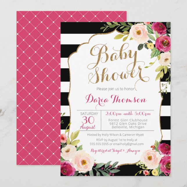 Invitation Baby shower floral rose noir et blanc chic (Devant / Derrière)