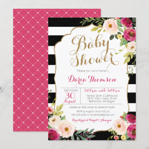 Invitation Baby shower floral rose noir et blanc chic