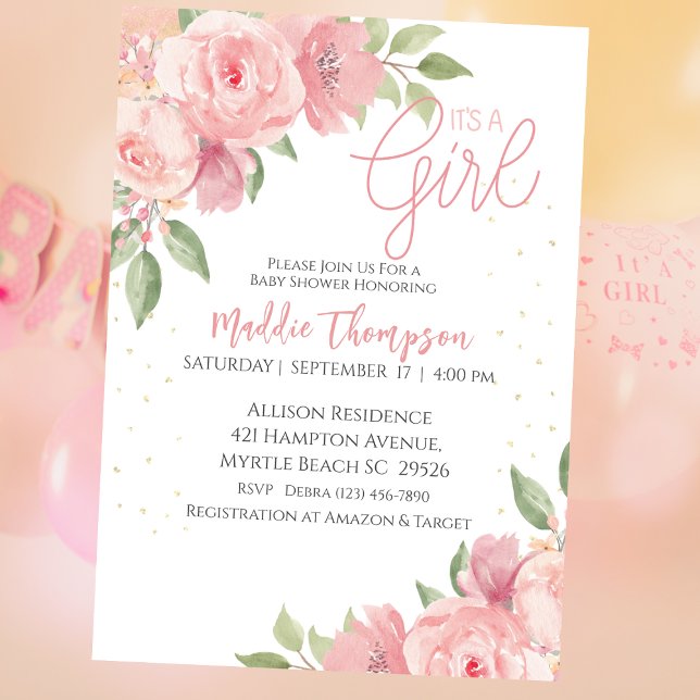 Invitation Baby shower Floral Rose or mignonne pour filles (Créateur téléchargé)