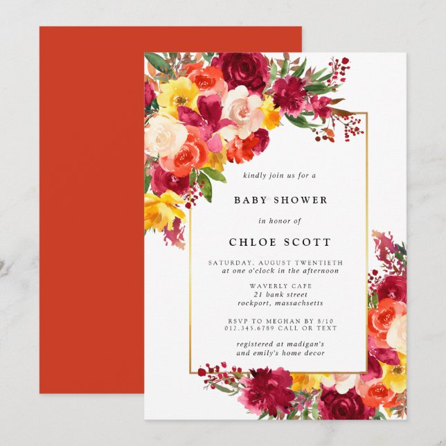 Invitation Baby shower Floral rose orange jaune Bourgogne (Devant / Derrière)