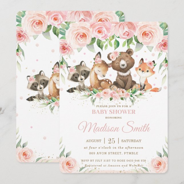 Invitation Baby shower Floral rose pâle (Devant / Derrière)