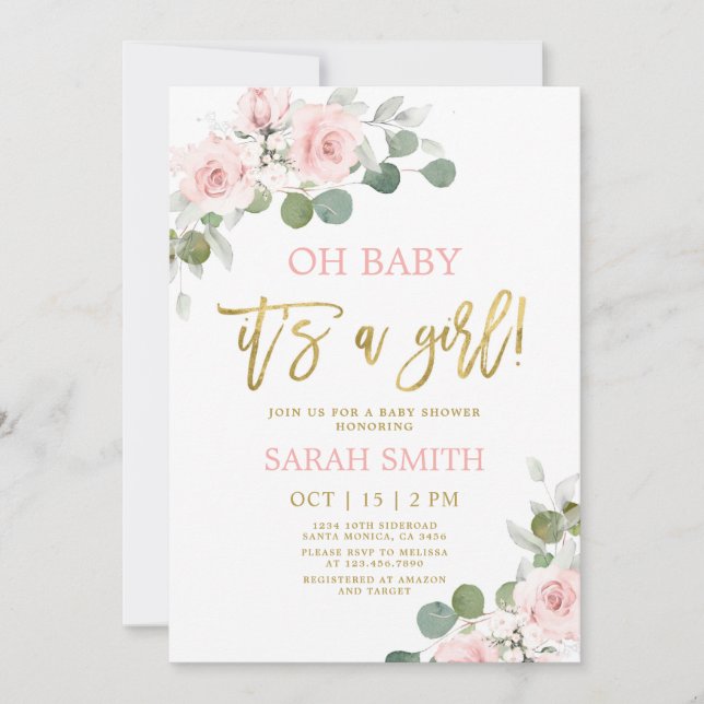 Invitation Baby shower floral rose pâle fille (Devant)
