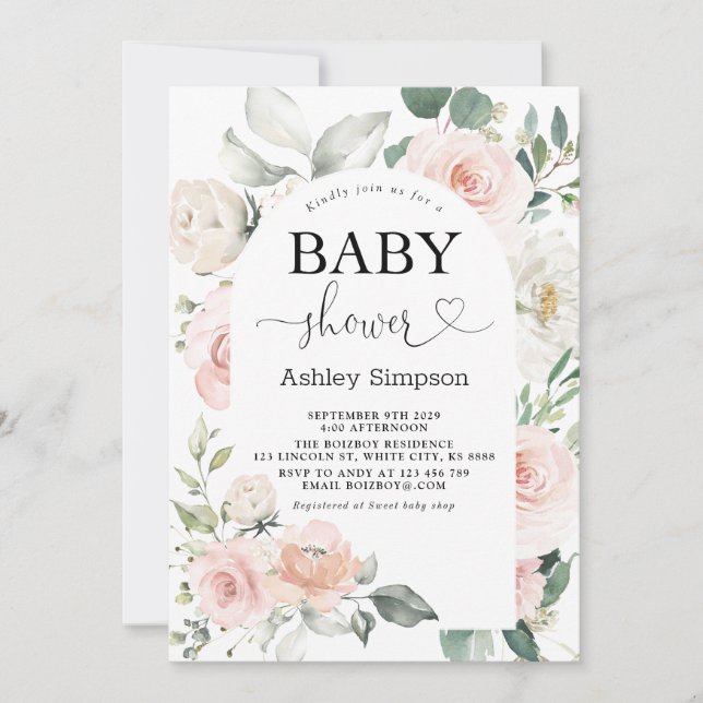 Invitation Baby shower floral rose poussiéreux (Devant)