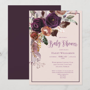 Invitation Baby shower floral rose, prune et or