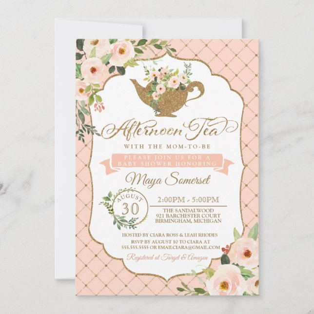 Invitation Baby shower Floral Rose Push Luxe À Thé L'Après-Mi (Devant)
