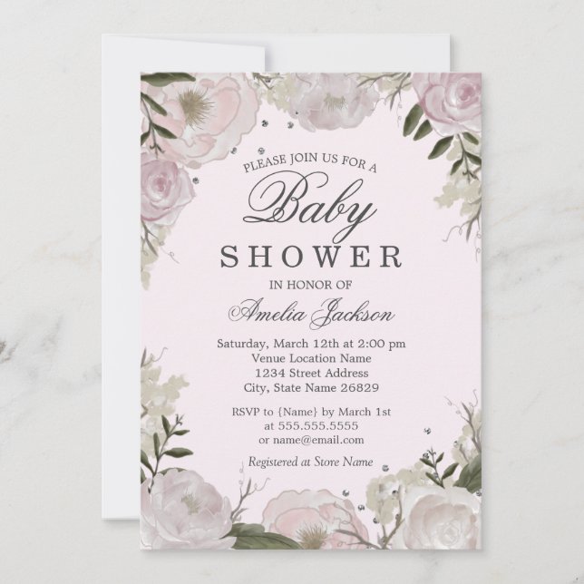 Invitation Baby shower floral Rose rose argent (Devant)