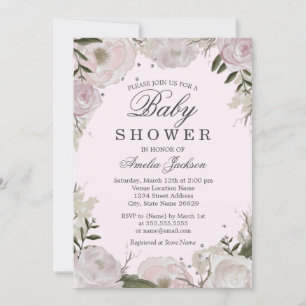 Invitation Baby shower floral Rose rose argent