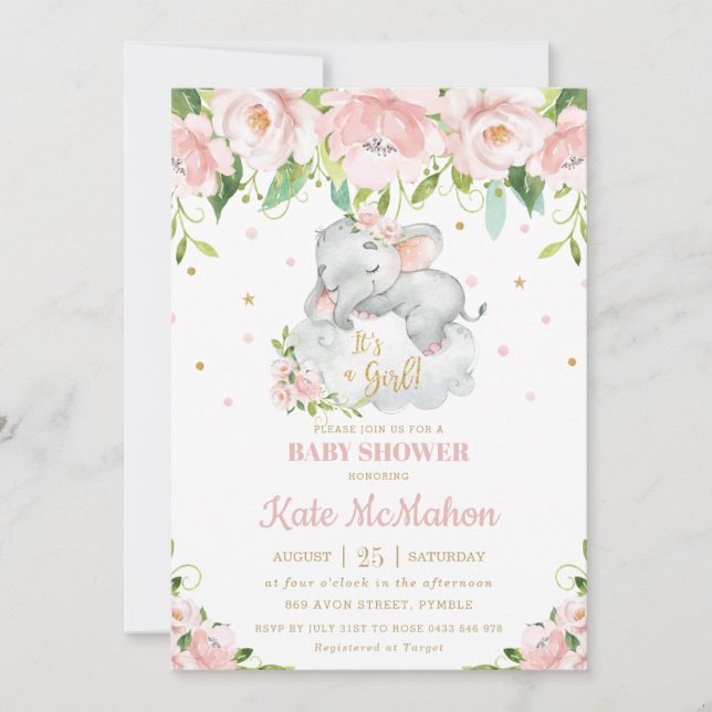 Invitation Baby shower Floral rose rose clair de l'éléphant d (Devant)