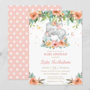 Invitation Baby shower floral rose rose de l'éléphant couché