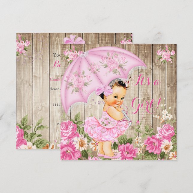 Invitation Baby shower Floral Rose Rustique Bois Girl Brunett (Devant / Derrière)