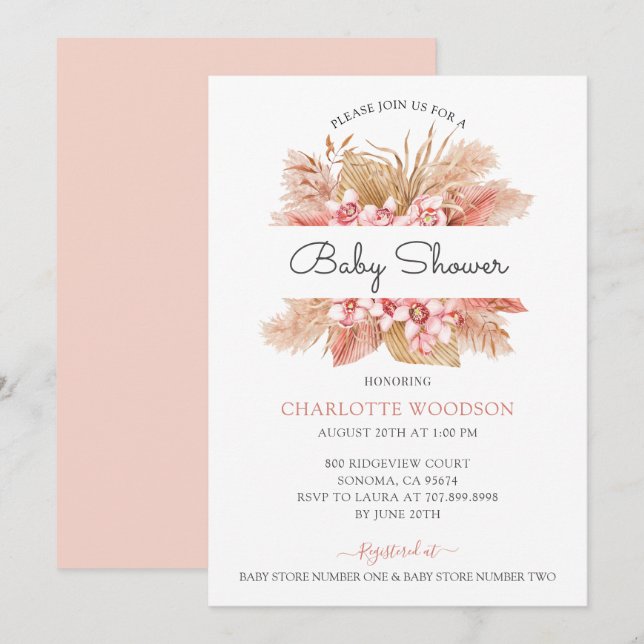 Invitation Baby shower floral rose vif (Devant / Derrière)