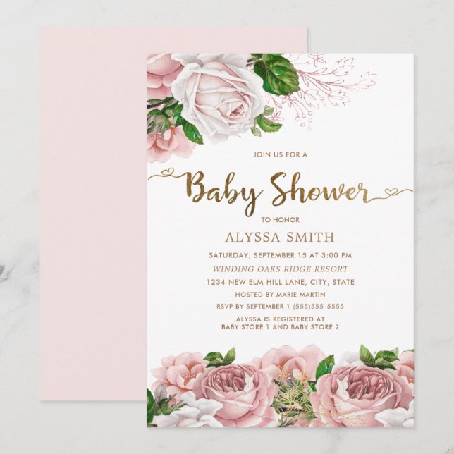 Invitation Baby shower floral rose vif pour bébé fille Script (Devant / Derrière)