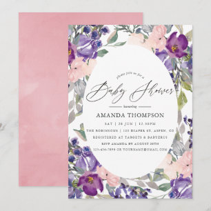 Invitation Baby shower floral rose, violet et prune