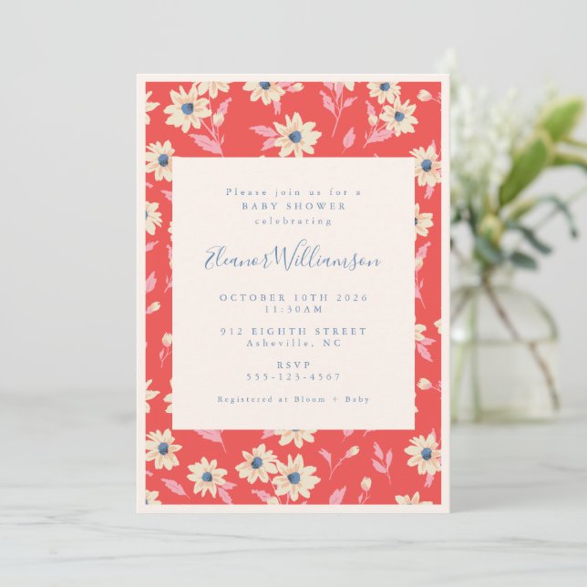 Invitation Baby Shower Floral Rouge et Bleu Bohème (Debout devant)