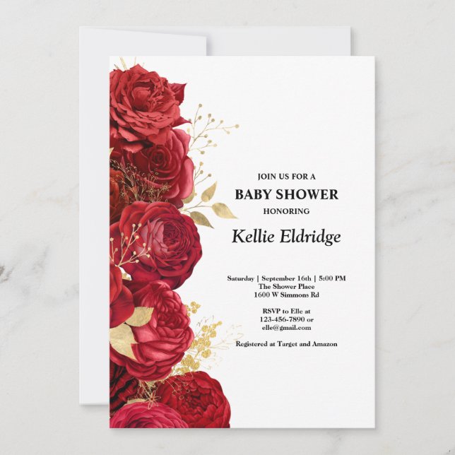 Invitation Baby shower Floral Rouge Et Or (Devant)