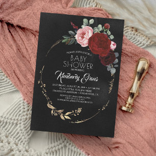 Invitation Baby shower floral rouge et or noir de Bourgogne