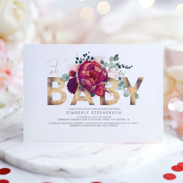 Invitation Baby shower floral rouge et rose vif de Bourgogne (Floral Baby Shower Invitations)