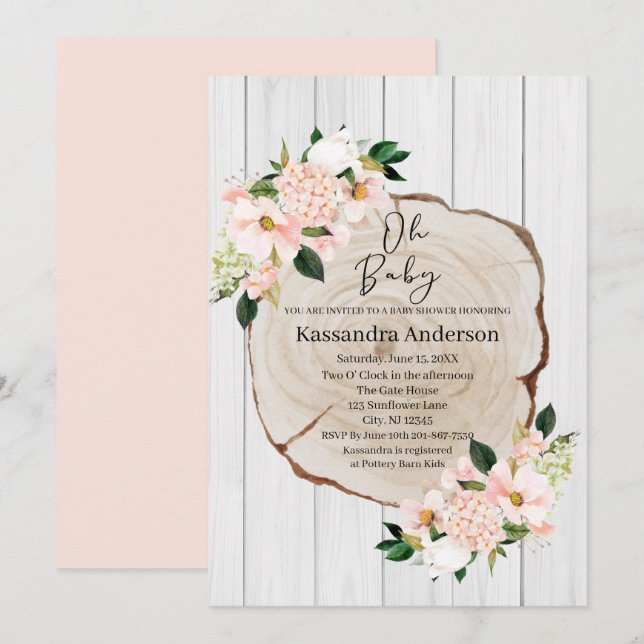 Invitation Baby shower floral roux de bois (Devant / Derrière)