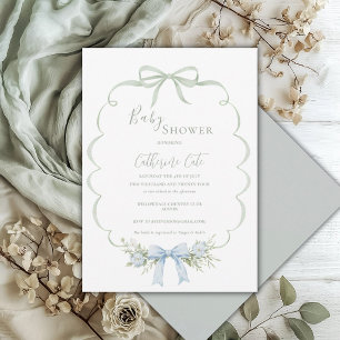 Invitation Baby Shower Floral Ruban Vert Vintage