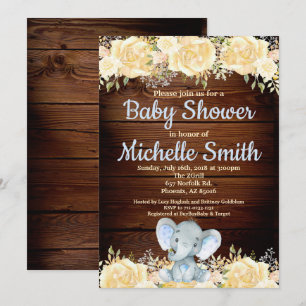 Invitation Baby shower Floral Russe Blue Boy Wood Elephant