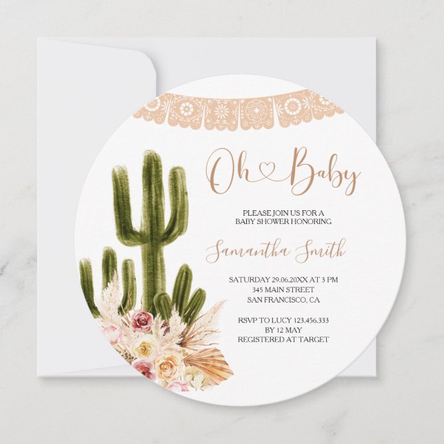 Invitation Baby shower Floral Rustique Cactus (Devant)
