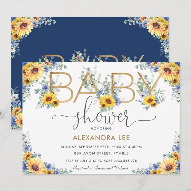 Invitation Baby shower Floral Rustique Chic Sunflower Bleu Da (Devant / Derrière)