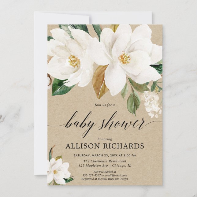 Invitation Baby shower floral rustique de magnolia neutre pou (Devant)