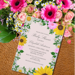 Invitation Baby shower floral rustique Tournesol Daisy