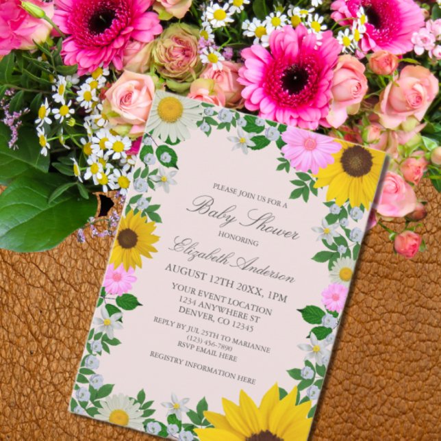 Invitation Baby shower floral rustique Tournesol Daisy (Créateur téléchargé)