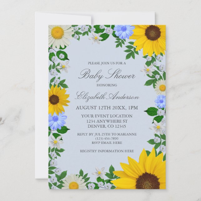 Invitation Baby shower floral rustique Tournesol Daisy (Devant)