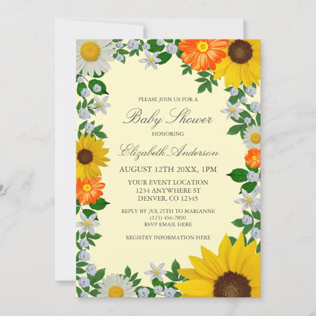 Invitation Baby shower floral rustique Tournesol Daisy (Devant)