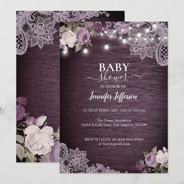Invitation Baby shower Floral Rustique violet (Devant / Derrière)