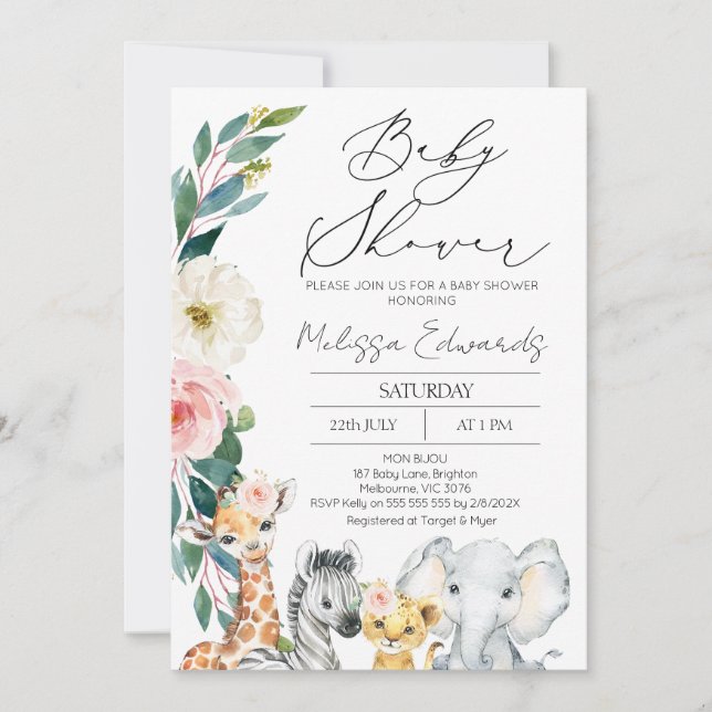 Invitation Baby shower Floral Safari Blush Boho moderne (Devant)