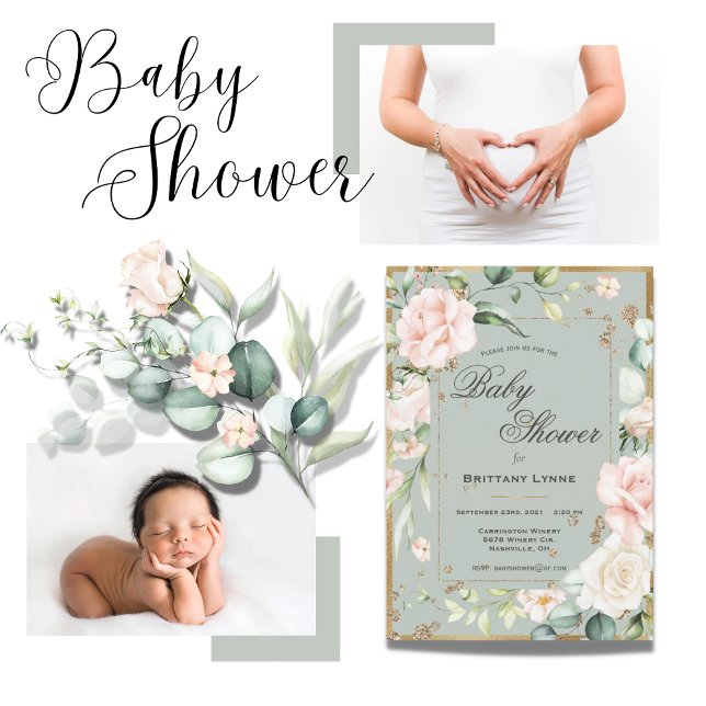 Invitation Baby shower Floral Sage Green Gold Aquarelle (Créateur téléchargé)