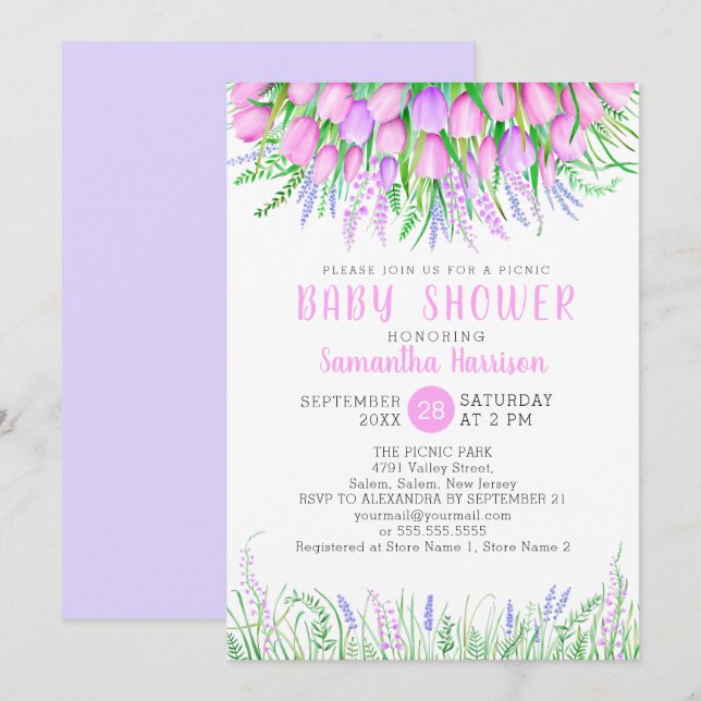 Invitation Baby shower Floral Spring Lavender Tulips Pique-ni (Devant / Derrière)